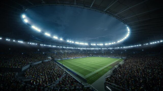 Night Elevated View of American Football Stadium. Crowded Stands, Field With Yard Lines, Goalposts, Ready for Match. Large Arena Hosting Major Sport Event. Fans Fill the Seats. Static Cinematic Shot