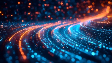 Glowing fiber optic cables with curved light streams in blue and teal, abstract technology background, digital network concept, high-tech communication visualization, macro photography.