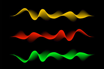 Abstract sound rhythm waves vector illustration set. Yellow, red-orange, green waveforms isolated on black background creating vibrant dynamic visual effect. Modern digital design element.