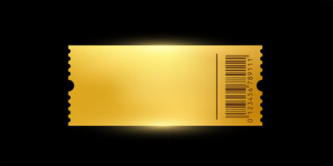 Golden ticket. Gold vector coupon, sticker or discount tag mockup isolated on black background. Cinema, theater, concert, party, event, festival invitation entrance.