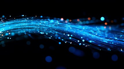 Glowing fiber optic cables with curved light streams in blue and teal, abstract technology background, digital network concept, high-tech communication visualization, macro photography.