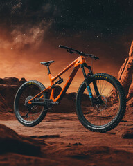 Obraz premium Modern orange mountain bike standing on a mars-like landscape