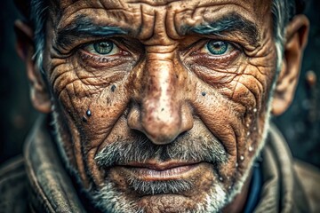 Resilient Spirit: A Close-Up Aerial Portrait of a Weathered Face Full of Strength and Hope