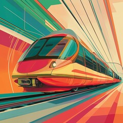 Fototapeta premium A stylish retro-style poster showcases a futuristic train zooming through colorful, abstract landscapes, embodying imaginative public transport visions. Generative AI