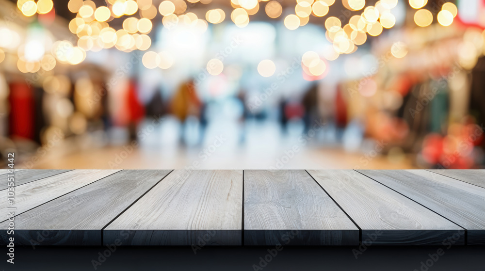 Poster empty wooden table top on blurred shopping mall background with bokeh light, can be used for display