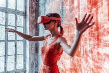 A young Caucasian woman explores virtual reality using a VR headset in an artistic setting.