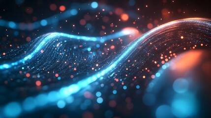 Fototapeta premium Glowing fiber optic cables with curved light streams in blue and teal, abstract technology background, digital network concept, high-tech communication visualization, macro photography.