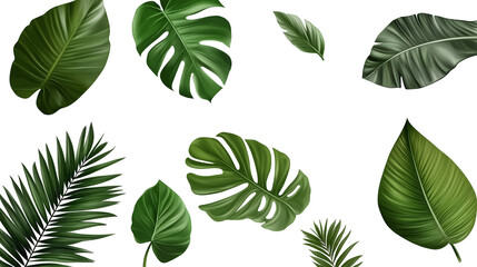 Realistic big green tropical leaves on a transparent background