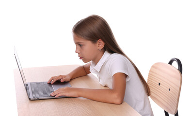 Girl with incorrect posture using laptop at wooden desk on white background