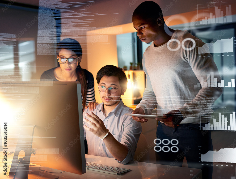 Poster Programmer, working and dashboard overlay at night in office and database developer team with software development. Planning, conversation and web statistics with it people and coding strategy