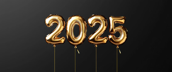 Golden balloons forming the number 2025 on a black background