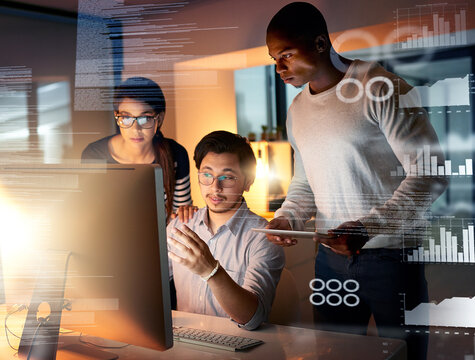 Programmer, working and dashboard overlay at night in office and database developer team with software development. Planning, conversation and web statistics with it people and coding strategy