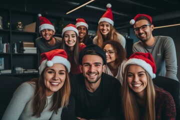 Fototapeta premium Group portrait of diverse group of coworkers with Santa hats in office