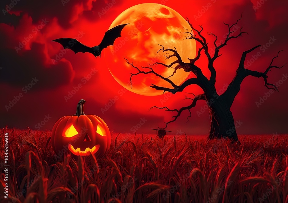 Wall mural halloween' day with orange pumpkin, black bat, dead tree and big orange moon.