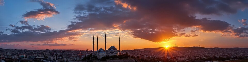 Fototapeta premium Ankara. Kocatepe Mosque in Sunset. Anatolian Architecture in Capital City Landscape