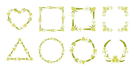 Vector shape of Snowdrop flowers frame, Floral border box label of wreath with branch and leaves