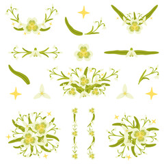 Isolated snowdrop flowers wreath with branch and leaves. Vector bouquet and decorative object