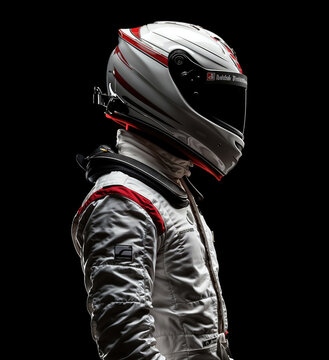 Race car driver wearing helmet and safety gear posing on black background
