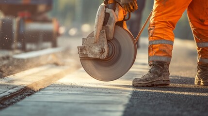 A construction worker using a concrete saw to cut expansion joints in a newly laid highway pavement, Highway pavement cutting scene, Infrastructure maintenance style