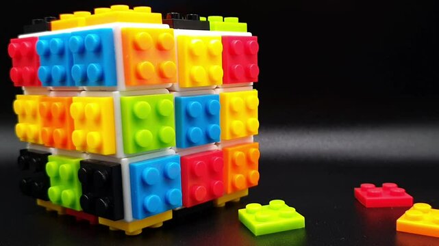 Educational puzzle cube constructor. The construction parts fall and rotate in slow motion. Multi-colored cube constructor. Robotics and design courses. Educational toys for children. Idea, details.