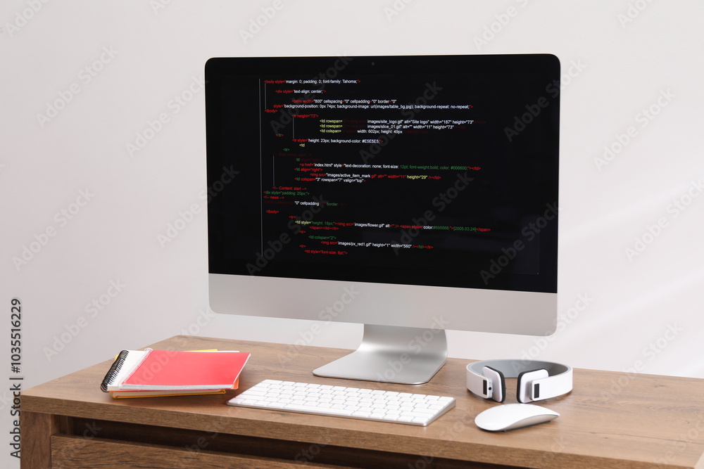 Poster programmer's workplace. modern compter with unfinished code, headphones and stationery on desk indoo
