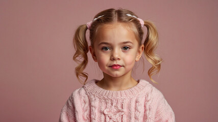 A young girl with twin pigtails and pink bows wears a knitted pink sweater, gazing seriously at the camera.