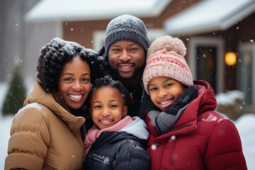Portrait of a African American family smiling in front of house during snowfall