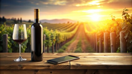 A Rustic Wooden Table with a Glass of Wine, a Bottle, and a Smartphone, Set Against a Vineyard at Sunset