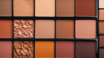 Fototapeta premium An earthy-toned makeup palette with a cracked powder, displaying a variety of shades for a natural and creative look.