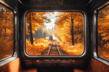 Train car window view of lush forest, trees swaying.