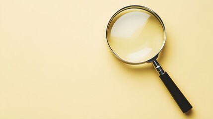 Magnifying glass on a pale yellow background with minimalist composition, black handle, clear glass lens, subtle reflection and soft shadow, investigative concept.