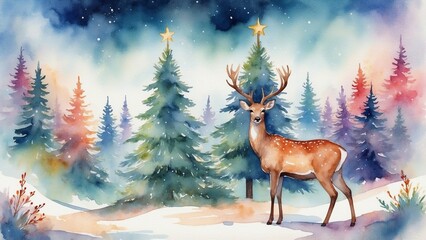 Watercolor Christmas tree with a peaceful deer in the foreground, surrounded by festive colors and a dreamy holiday atmosphere