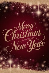  Merry Christmas and Happy New Year card with sparkling gold accents on a deep red background