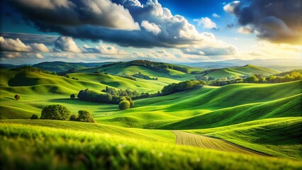 Obraz premium Rolling Grassy Hills Beneath a Vast Blue Sky - Tilt-Shift Photography