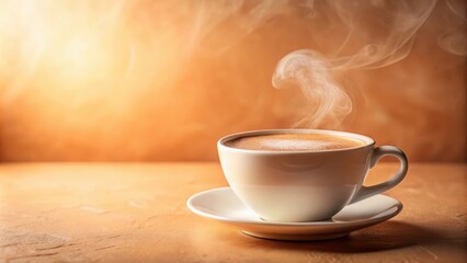 Obraz premium A steaming cup of coffee on a warm, textured surface, bathed in soft, golden light.