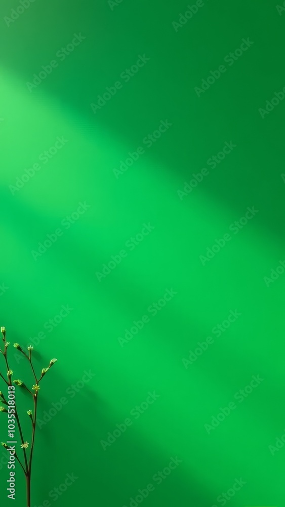 Poster minimalist green background with delicate branch casting a shadow, creating a serene and natural atm