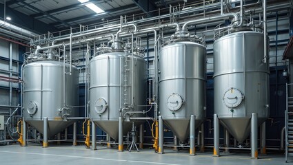 Industrial chemical processing plant with row of cylindrical metal tanks connected by pipes