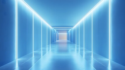 Minimalist light blue corridor with futuristic interior design, soft glowing LED strips, clean geometric lines, reflective floor, modern architecture, diffused lighting.