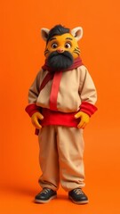 Fototapeta premium Cute anthropomorphic tiger character dressed in cozy attire on an orange background, exuding warmth and friendliness