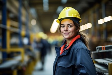 Portrait of a young woman working in industrial factory