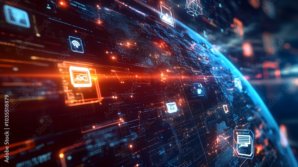 Poster tech devices and icons connected to digital planet earth.
