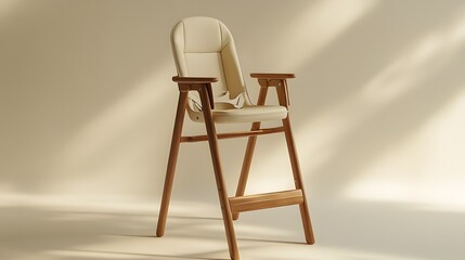 Modern baby high chair with sleek Scandinavian design, wooden frame, cream leather upholstery, ergonomic seat and safety bar, minimalist aesthetic on an off-white background.
