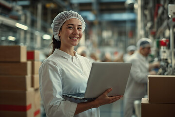 Smiling food factory worker holding laptop in production line