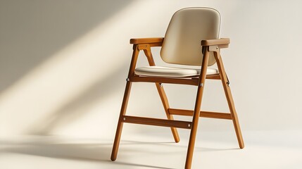 Modern baby high chair with sleek Scandinavian design, wooden frame, cream leather upholstery, ergonomic seat and safety bar, minimalist aesthetic on an off-white background.