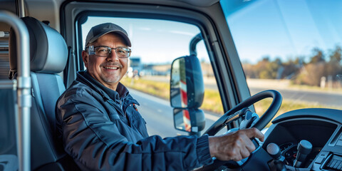 Happy professional truck driver smiling while driving modern semi-truck on a highway