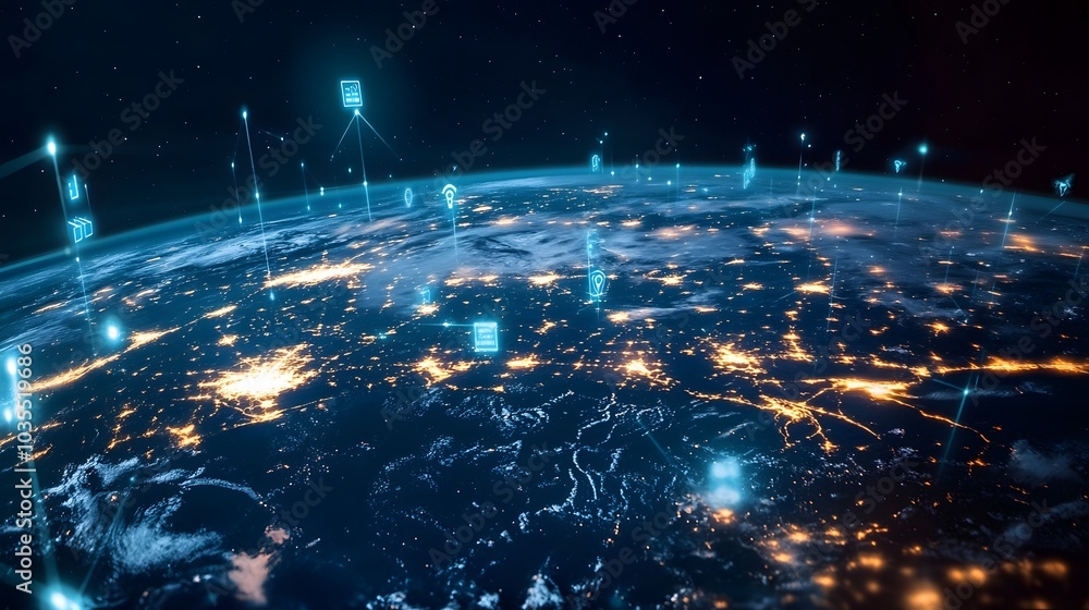 Poster tech devices and icons connected to digital planet earth.
