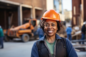 Smiling portrait of a middle aged female businesswoman on construction site