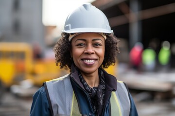 Smiling portrait of a middle aged female businesswoman on construction site