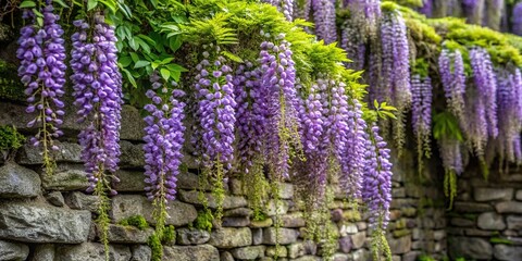 Obraz premium A single wisteria flower cascading down a stone wall with ivy and moss, flowers, ivy