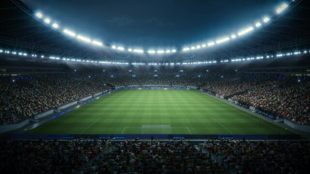 Night View of a Massive Soccer Stadium Filled With Spectators. the Arena Is Packed With Fans Surrounding the Pitch. Thousands of Supporters at Major Sport Event. Behind the Goals Static Wide Shot